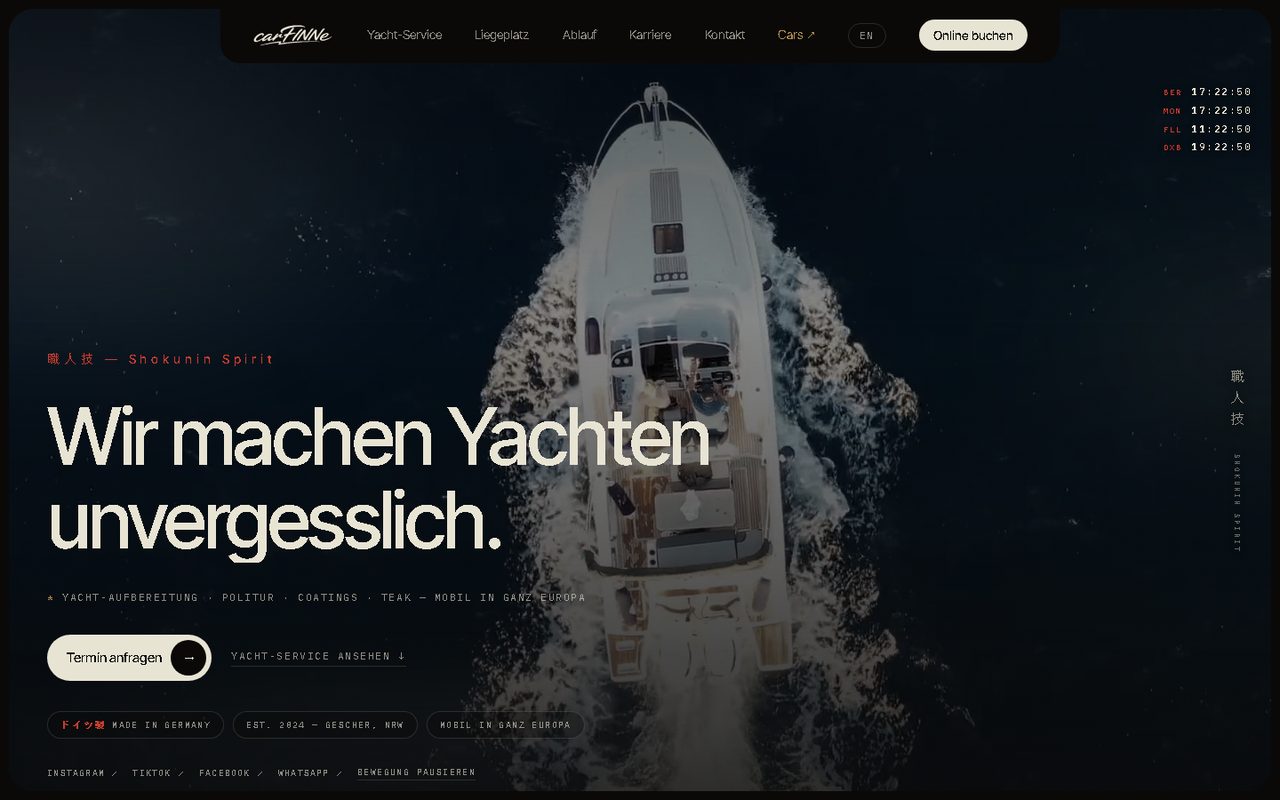 Startseite carfinne.de: Video-Hero mit Yacht von oben, Headline „Wir machen Yachten unvergesslich.“