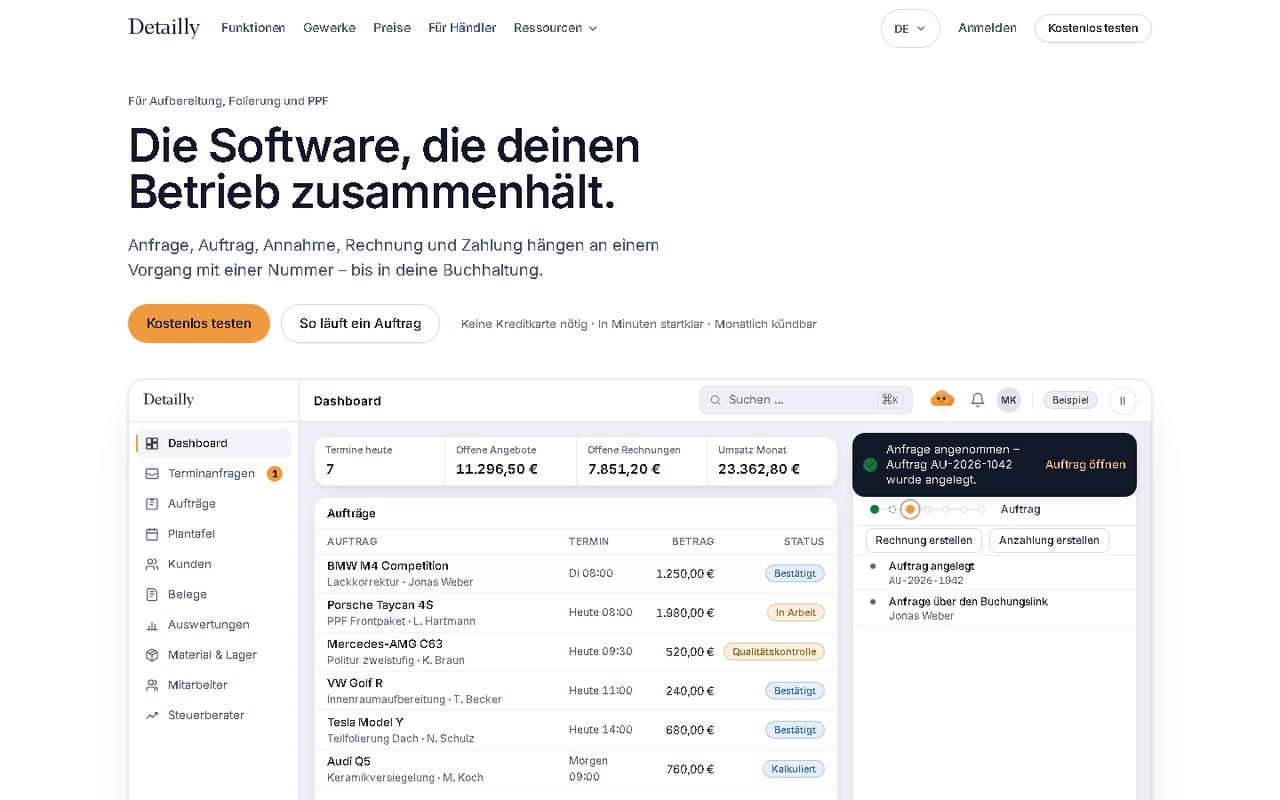 Startseite von detailly.eu mit der Überschrift „Die Software, die deinen Betrieb zusammenhält.“ und einem App-Mockup mit Dashboard, Auftragsliste und Terminanfrage; alle gezeigten Daten sind als Beispiel gekennzeichnet.